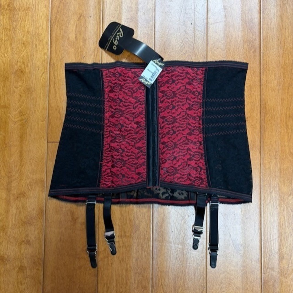 Rago 2107 Waist Cincher Garter Belt 2X/34 Black Red Lace NWT Shapewear USA